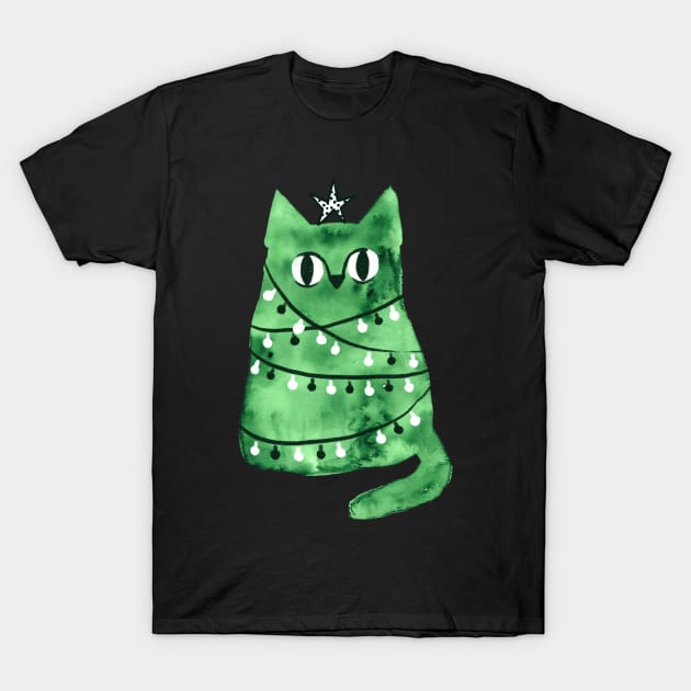 Watercolor green Christmas cat T-Shirt by kostolom3000